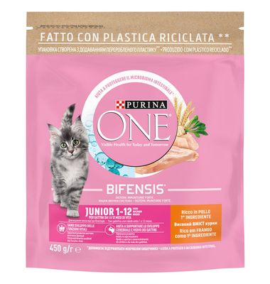 Alimento de pollo-arroz gato junior PURINA One, paquete 450 g