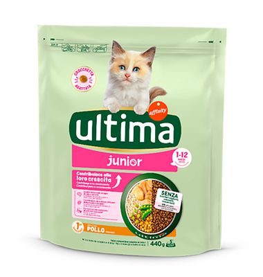 Alimento seco de pollo para gato junior ULTIMA, paquete 440 g