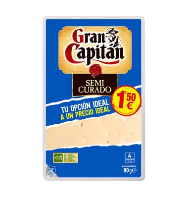 Queso semicurado GRAN CAPITÁN, lonchas, bandeja 80 g