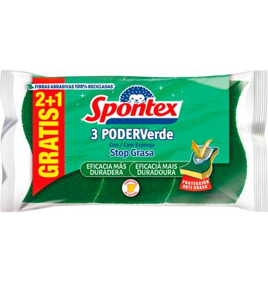 Estropajo Fibra Spontex Con Esponja Poder Verde 2+1 Unidad
